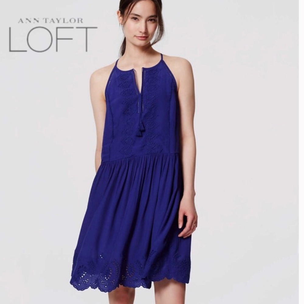 LOFT szXS deep blue eyelet lace sleeveless dress - Picture 1 of 6